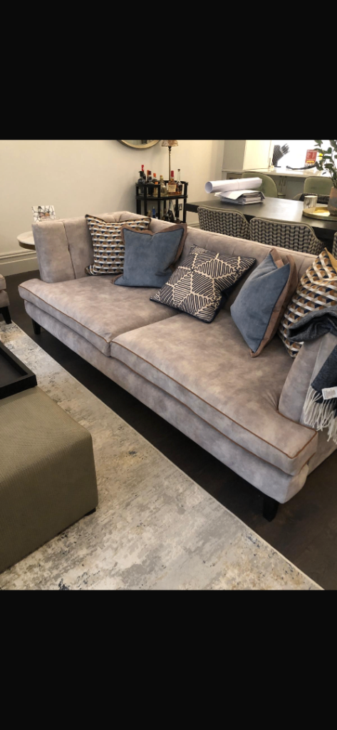 Grey Velvet sofa with tan leather piping 