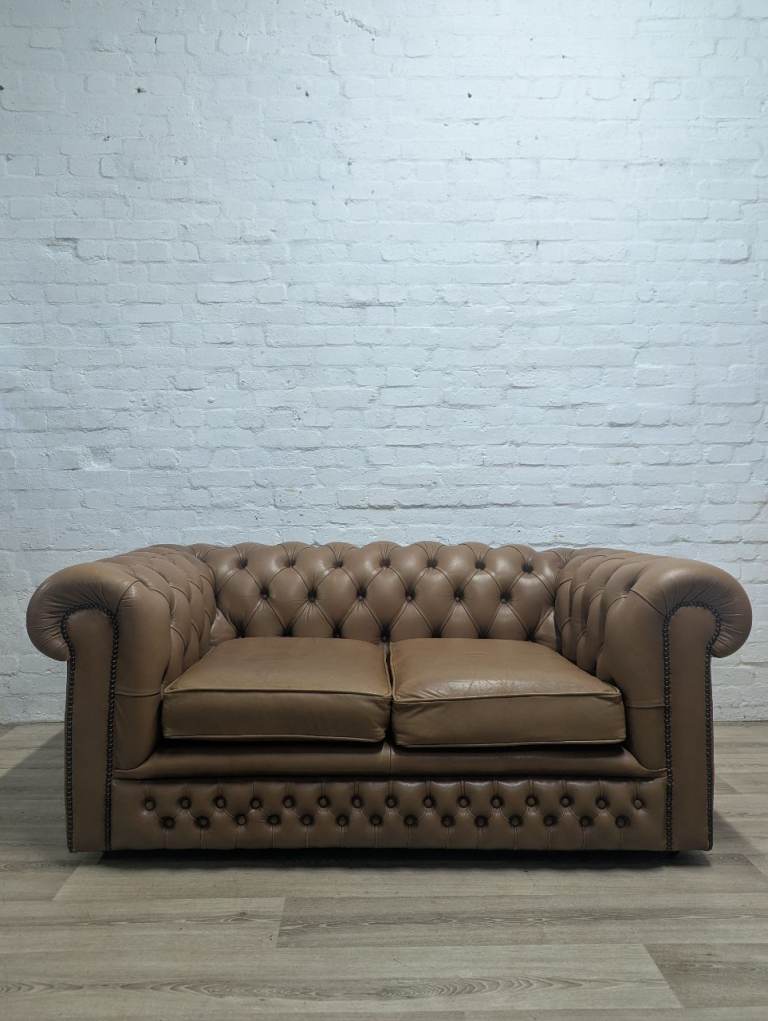 Chesterfield tan leather 2 seater sofa (DELIVERY AVAILABLE)