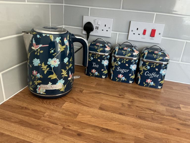 Laura Ashley kettle tea, sugar and coffee canisters bought one month ago