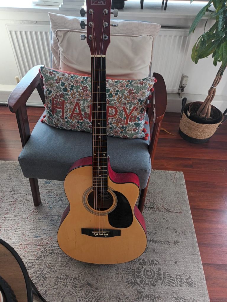3rd AVE Acoustic Guitar – Natural Wood with Red Accents, Good Condition
