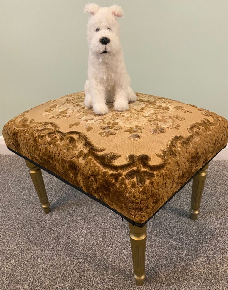 VINTAGE FOOTSTOOL BY “RODMILL OF LIVERPOOL” WITH VELVETY FLORAL TOP AND GOLD REEDED LEGS