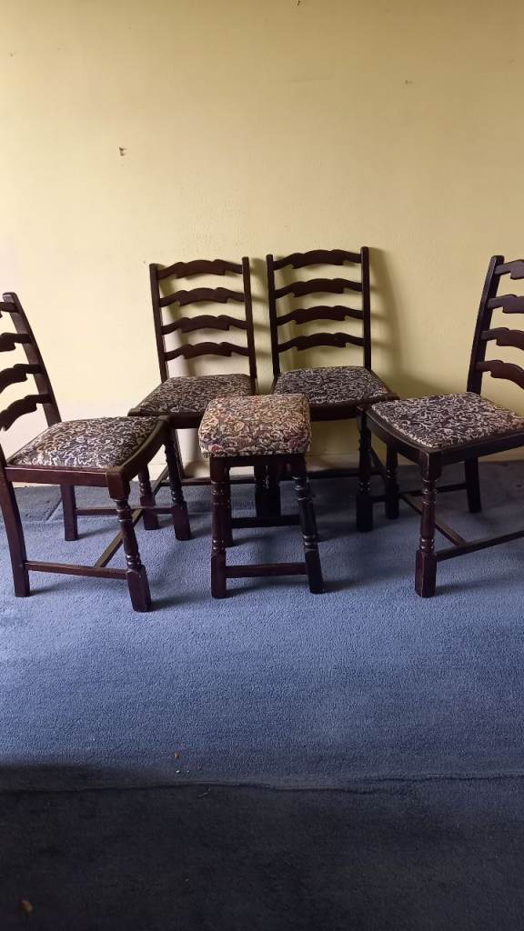 Dining room chairs (4) and stool. Dark wood.