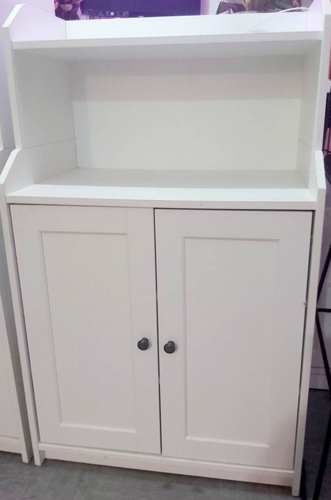 Two Ikea Hauga White Wooden Storage Cabinets with Shelves