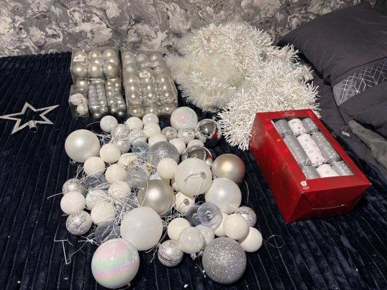 Large Bundle of Silver and White Christmas Decorations