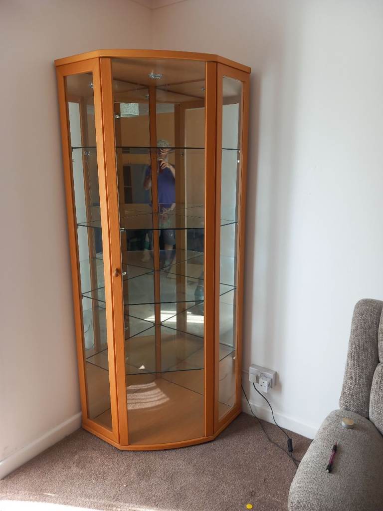 Wooden Corner Display Cabinet with Glass Shelves