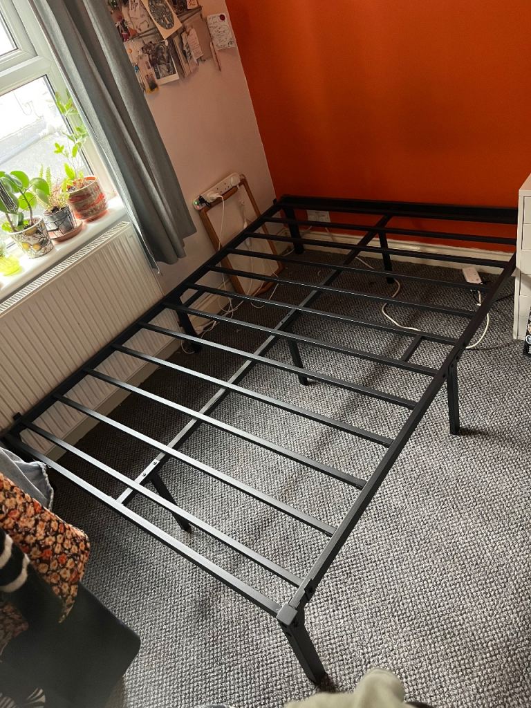 Black metal platform double bed frame