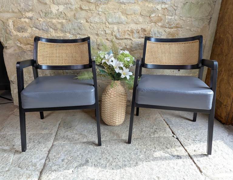 Pair Rattan Back Black Carver Dining Chairs - Occasional Armchairs Cafe Chairs
