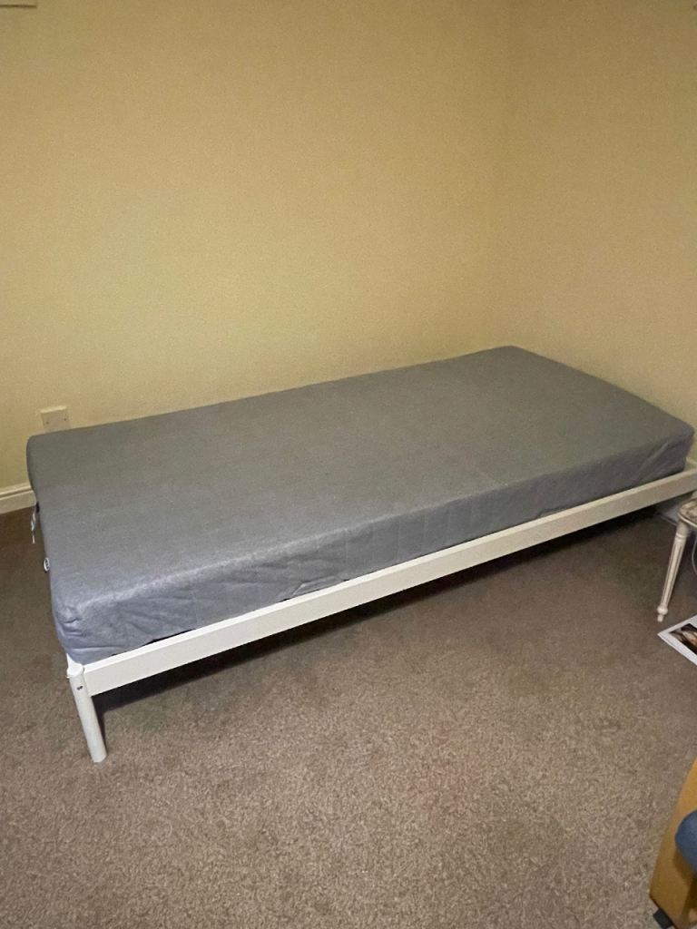 IKEA White Metal Frame Single Bed with Grey Mattress