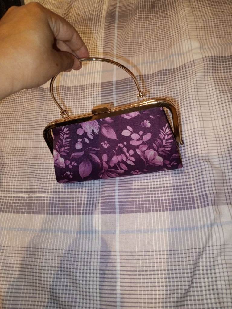 Purple Floral Clutch Bag with Metal Frame and Handle