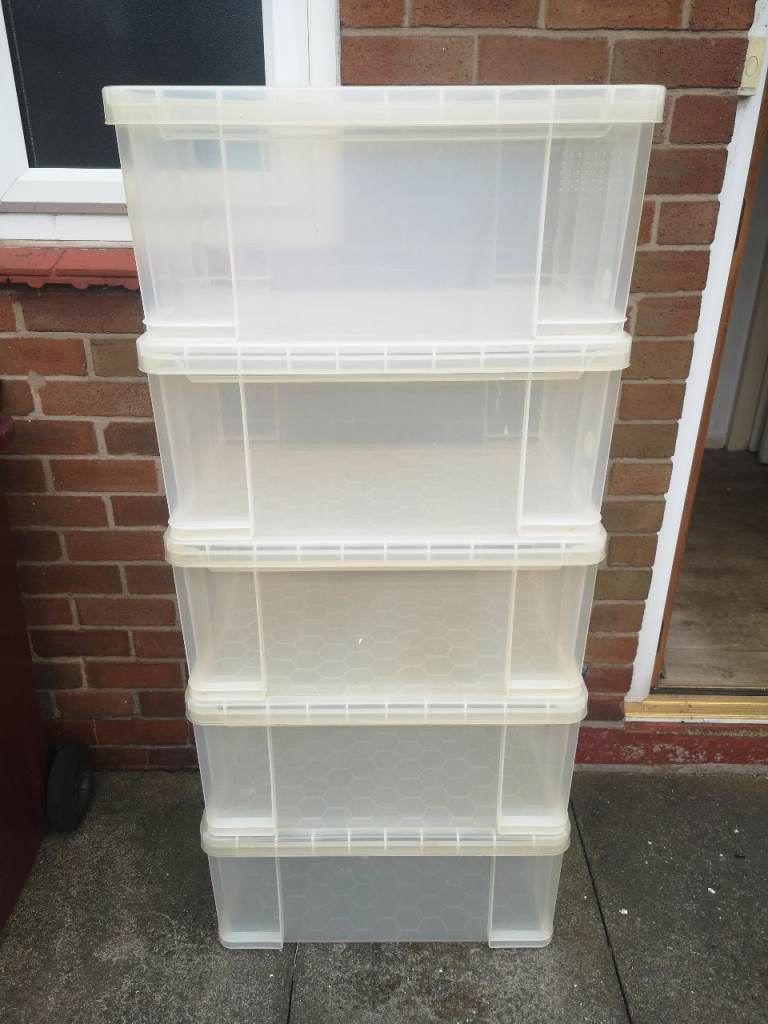 10/USED STORAGE CLEAR PLASTIC / REALY USEFULL BOXES/ 65L /LARGE 