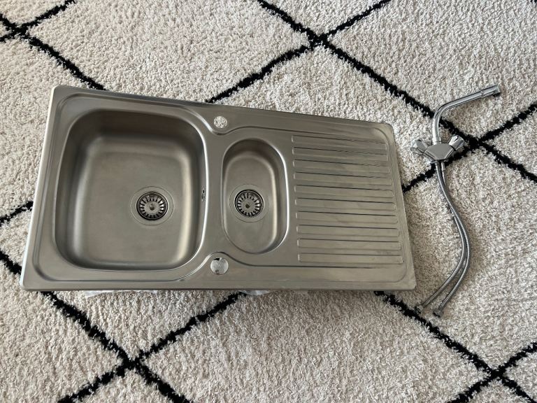 Double Bowl Stainless Steel Sink with Mixer Tap – Good Condition