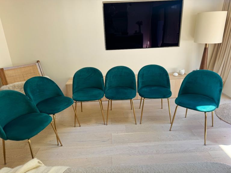 Set of 6 Teal Velvet Dining Chairs with Gold Legs