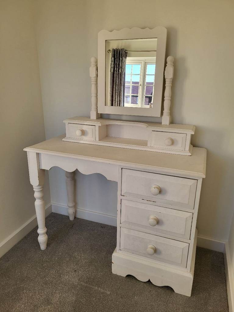 White Dressing Table Makeup Desk Set with Stool Drawers and Mirror Bedroom Pine