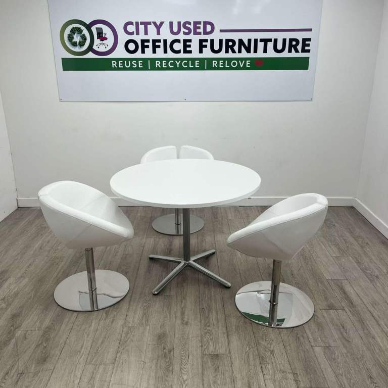 Lotus Lounge Chair Set – White Leather, Silver Trumpet Base w/ Circular Table