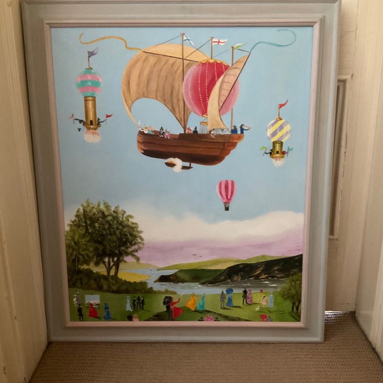 Flying Ship and Air Balloons.   Beautiful Oil Paintings  for Nursery.  