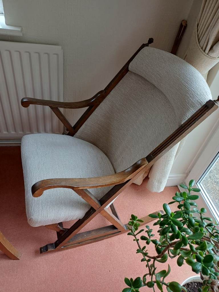 Vintage Wooden Rocking Chair with Cream Upholstery – Good Condition