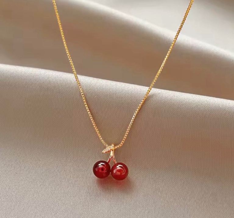 Lovely Gold Colour Necklace with Cherry Charm – New