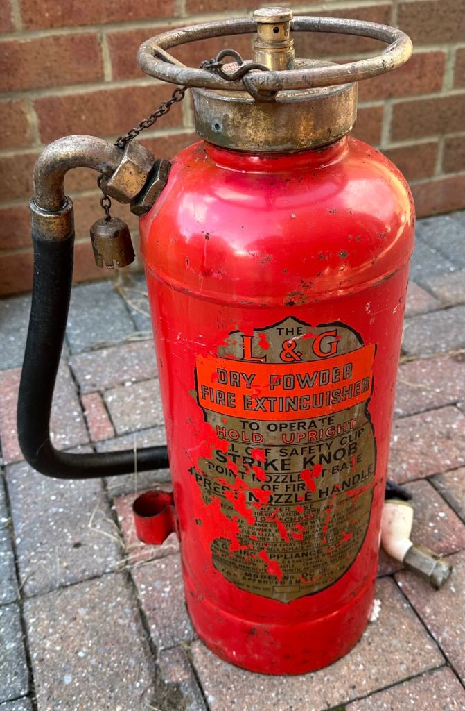 2x vintage dry powder fire extinguishers with brass tops