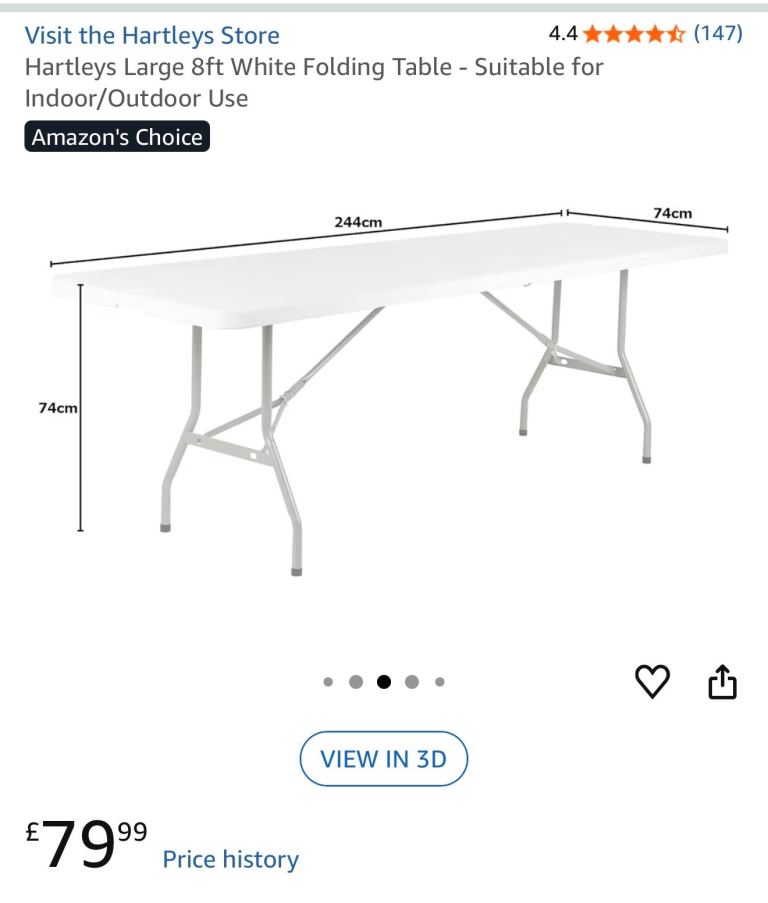 Hartleys Large White 8ft Folding Table – New, Indoor/Outdoor Use