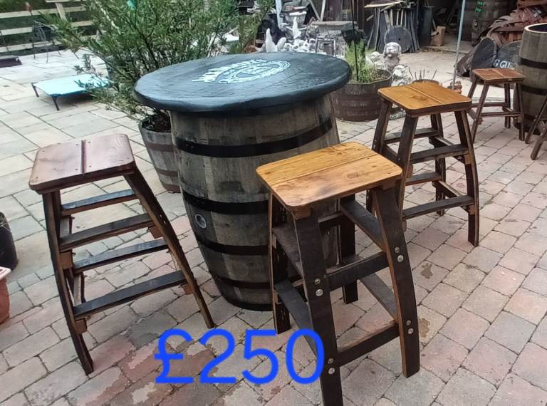Oak barrel with stools for garden patio bar mancave pub 