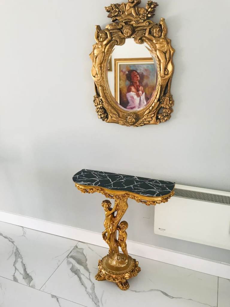 GOLD GILT CHERUB CONSOLE TABLE WITH GOLD GILT ORNATE MIRROR
