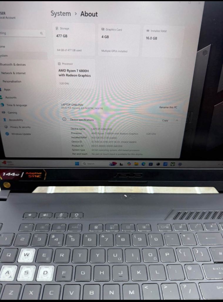 Asus Tuf Gaming Laptop 15.6’’ Ryzen 7 6th Gen 16GB Ram 512GB SSD Nvidia RTX 3050ti