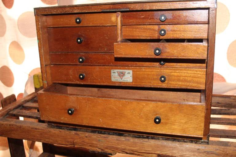 Vintage Wooden Machinist's Tool Chest with Multiple Drawers  ..No  key