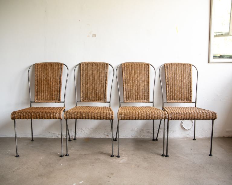 *RESERVED* Vintage 1990s HEALS rattan wicker iron frame MCM inspired dining bistro chairs Set of 4