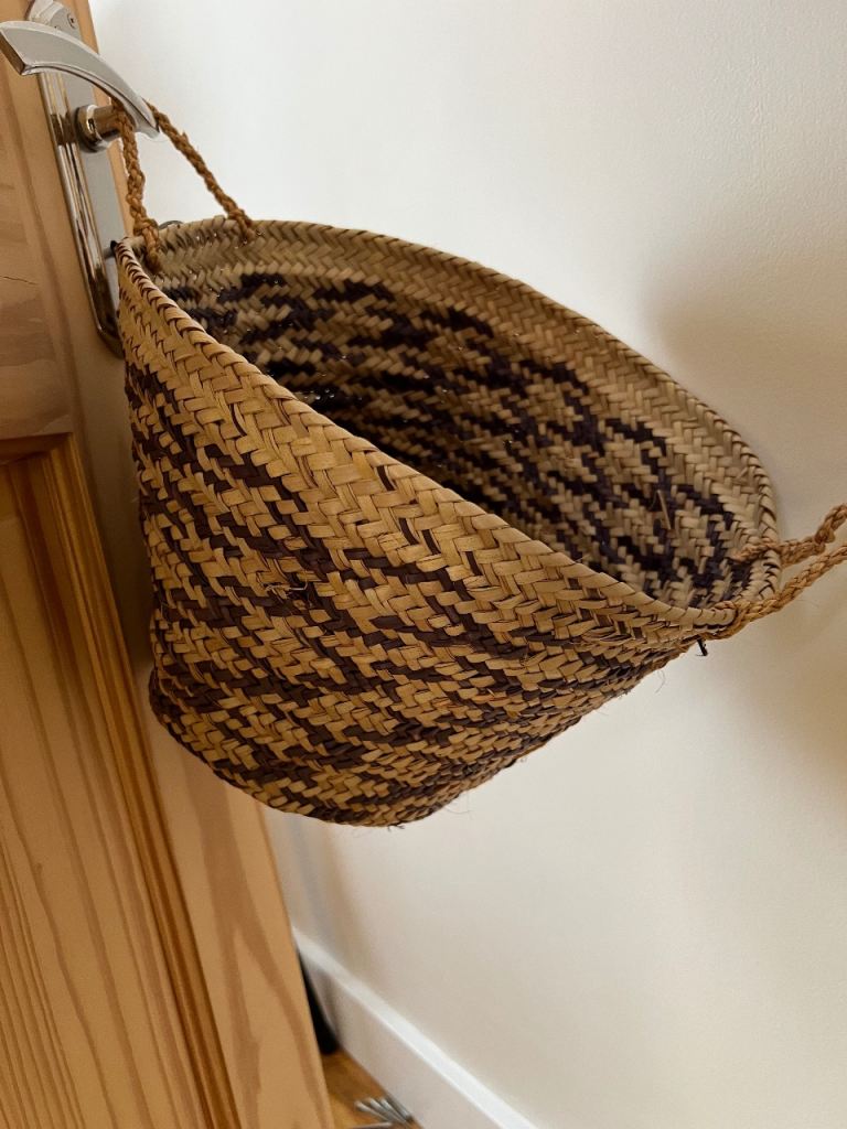 Woven Rattan Basket Bag - Brown Pattern, Good Condition