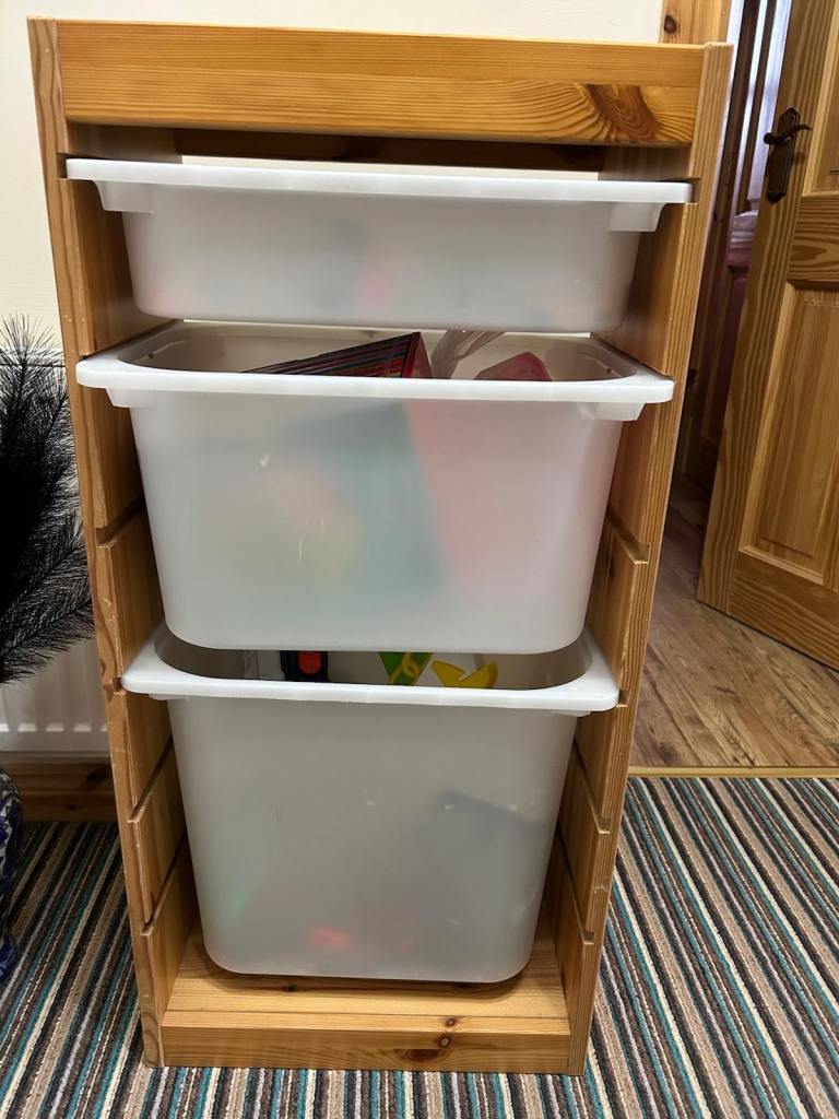 ***SOLD***Two IKEA Wooden Storage Units with 6 Plastic Boxes – Excellent Condition