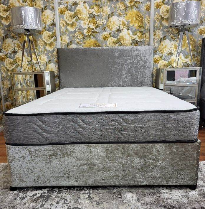 Ex-Display Silver 4ft Divan Bed, Headboard And Mattress Complete (Small Double)