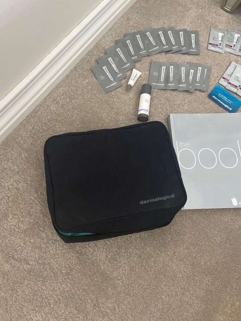 DERMALOGICA Cosmetic/Toiletry Bag, Product Guide & 32 Sample Sized Products 