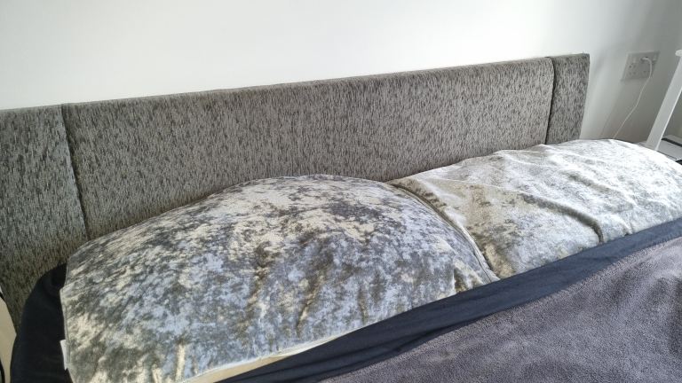 King size bed, dark grey headboard 