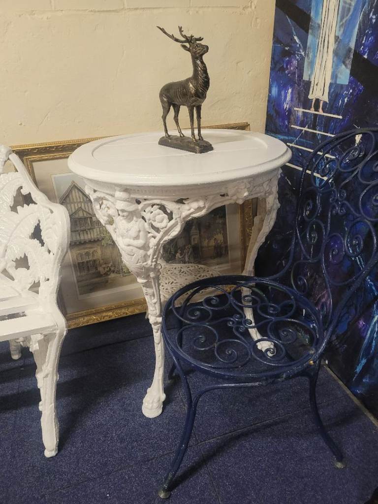 Victorian cast iron pub table Britannia pattern with cast iron garden chair 