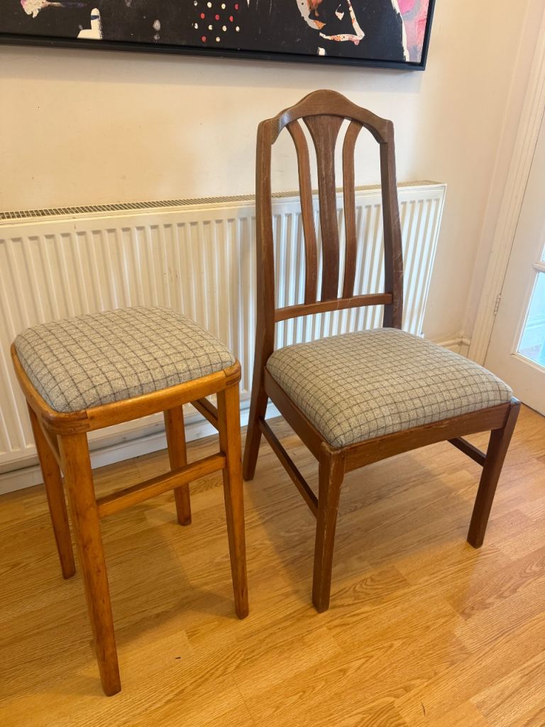 Vintage - Pine Stool - Parker Knoll Chair - Reupholstered in Grey Wool - Delivery Available 
