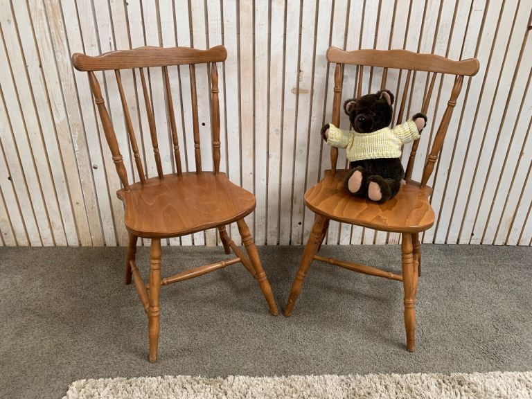 Vintage Pair of Spindle Back Dining Chairs Wooden Farmhouse Kitchen Country Style