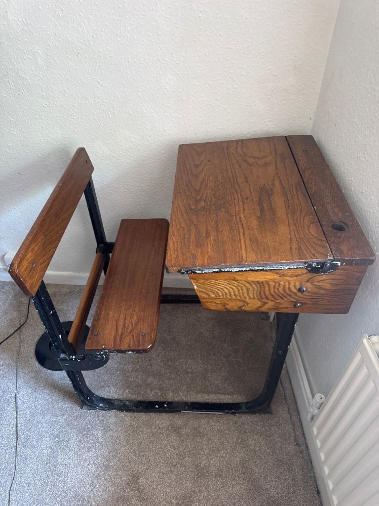 Vintage Solid Retro Wood & Metal Desk