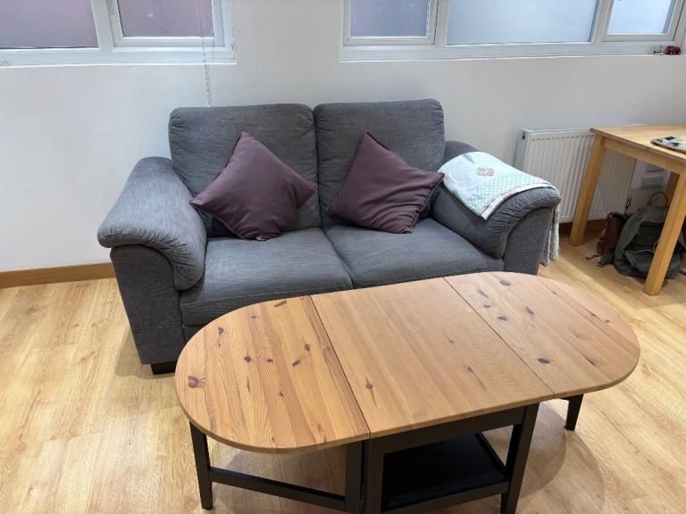 IKEA Grey 2-Seater Sofa + Solid Wood Coffee Table (Great Condition)