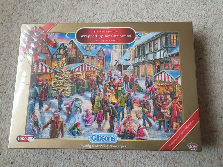New sealed 1000 piece Gibsons Christmas jigsaw puzzle and two other opened Christmas puzzles