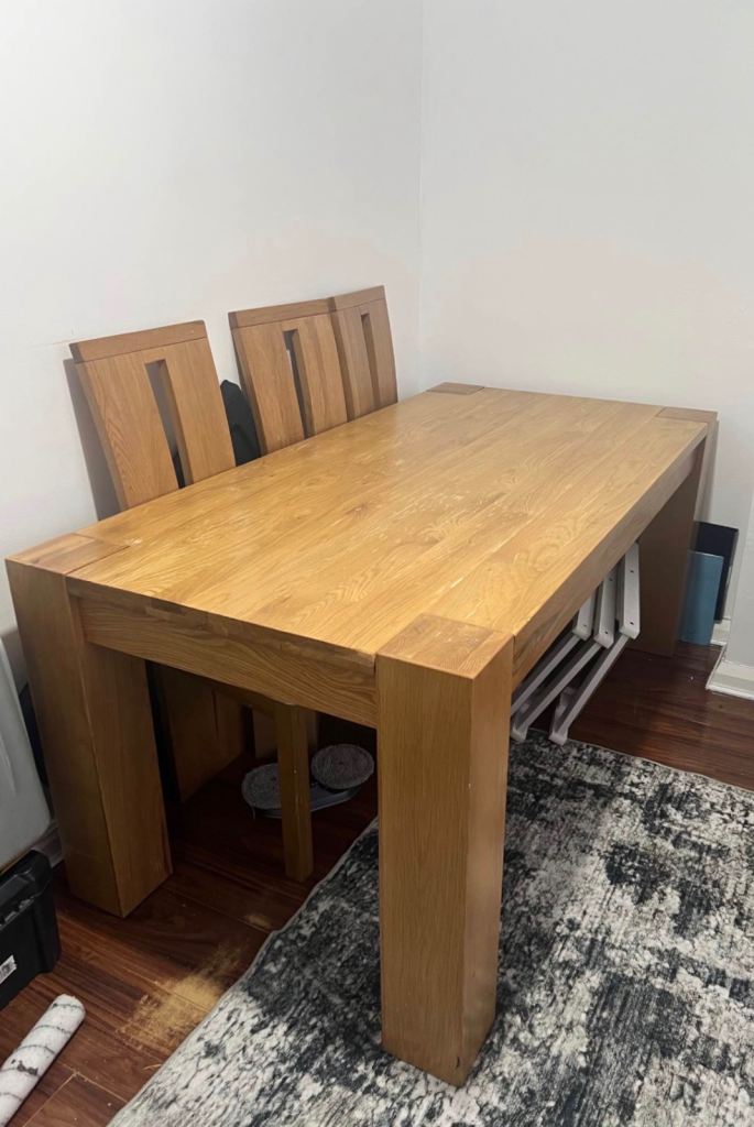 Oak Wood Dining Table + 3 Oak Chairs