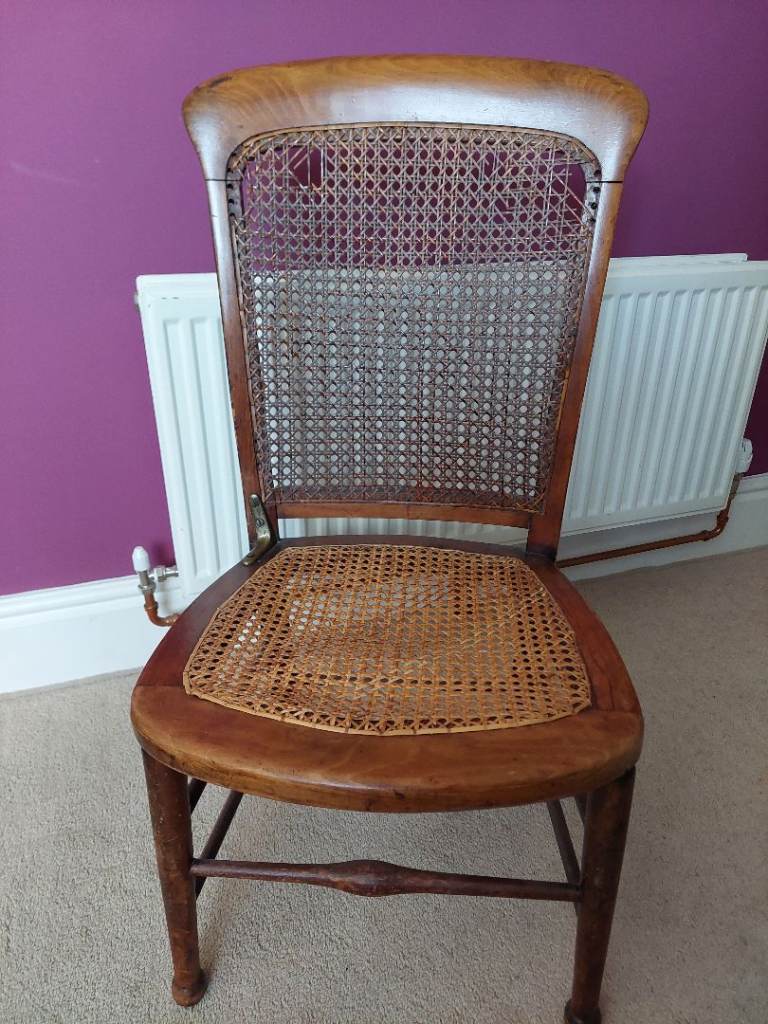 Antique Vintage Polished Wood High Back Bedroom Chair Low Seat Basket Weave Cane