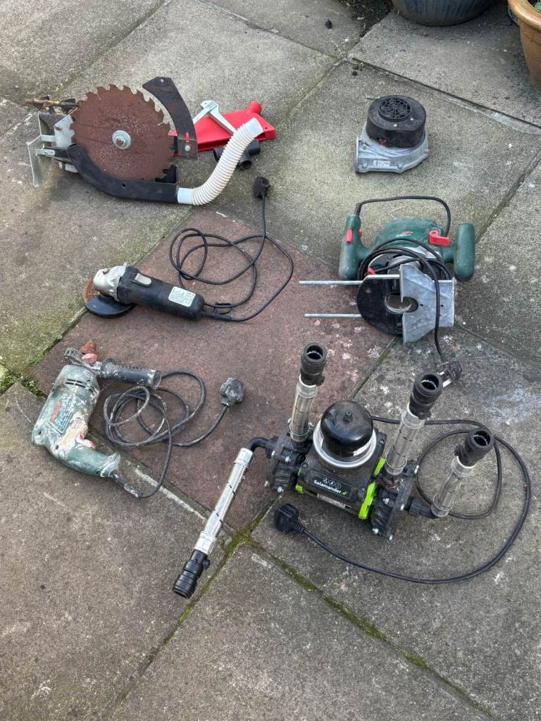 Job Lot of 6 Power Tools – Bosch Router, Drill, Grinder, Saw, Shower Pump & Fan
