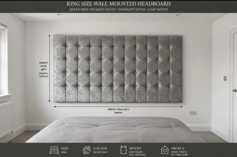 King Size Wall Mounted Headboard – Silver Grey Crushed Velvet