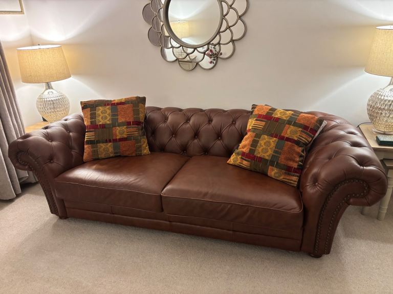 Pair of Brown Leather Chesterfield Sofas – Good Condition