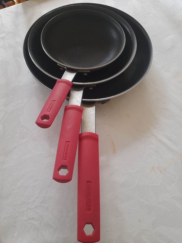 3 Tramontina Frying Pans 31, 27, 22 Cms With Removable Silcone Grips