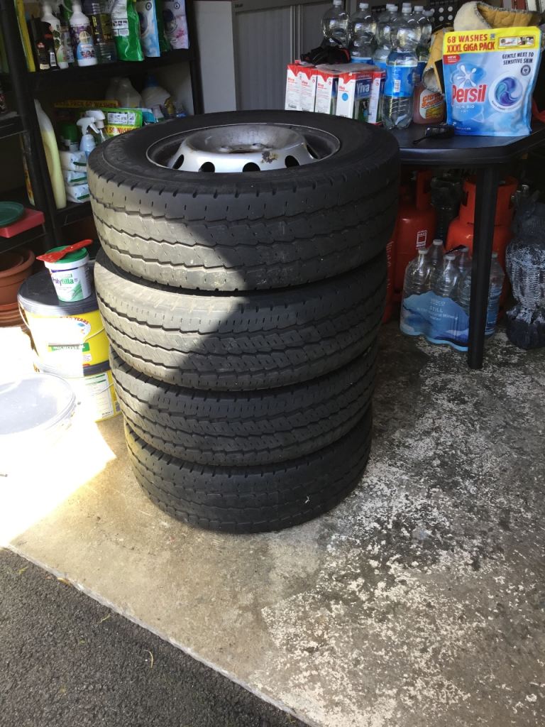 Four 16 inch steel rims for Fiat Ducato chassis and original Continental VancoCamper tyres.  