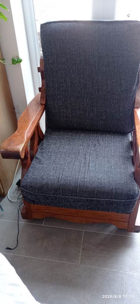 Wooden Rocking Chair with Grey Cushions – Good Condition