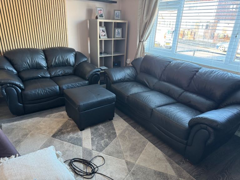 Black Leather Sofa Set with Footstool – Good Condition