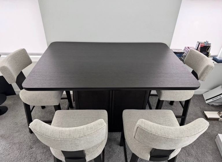 Modern Black Dining Table with 4 Beige Fabric Chairs bargain for quick sale!