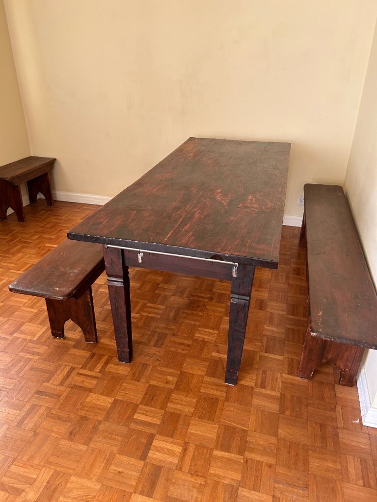 Reclaimed wood dining table and benches 